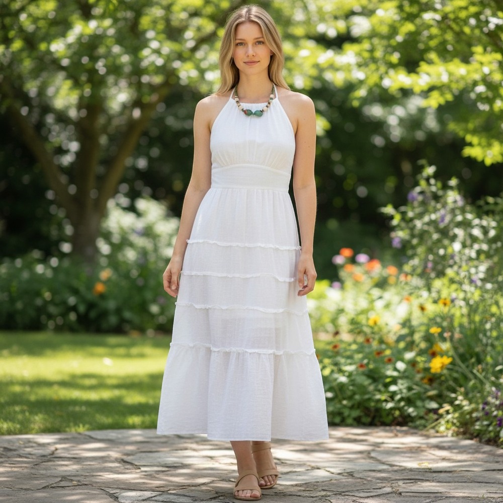Signature By Robbie Bee White Cotton Gauze Halter Beaded‎ Tiered Midi Dress 10P